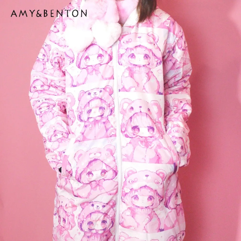 Original Design Cartoon Anime Print Stand Collar Women's Cotton Jacket Winter New Loose Down Coat Cute Thickened Coats Ladies