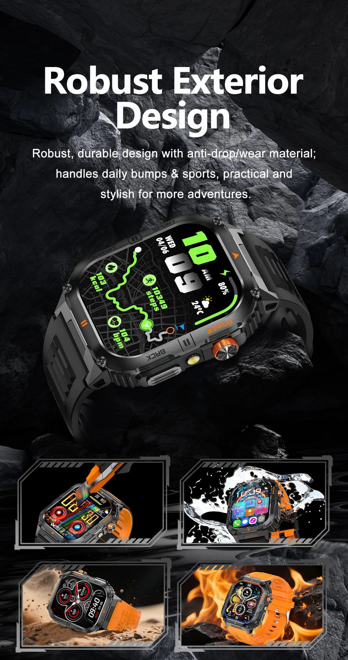 New 1000mAh military outdoor smartwatch for men, LED flashlight, IP68 waterproof, GPS sports, 2.01-inch Bluetooth call smartwatc