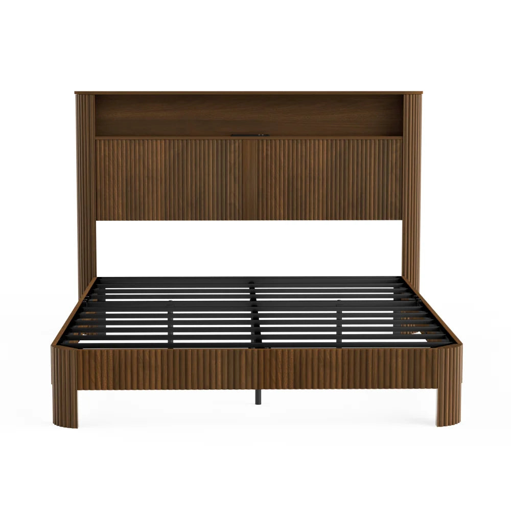 Queen-size slatted bed frame with storage, built-in charging ports, wave-shaped design, and metal support structure, Walnut