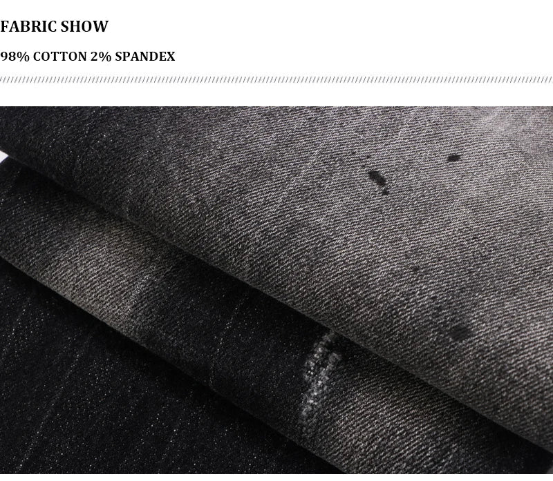 Street Fashion Men Jeans Retro Black Gray Elastic Stretch Slim Fit Hole Ripped Jeans Men Patched Designer Hip Hop Brand Pants