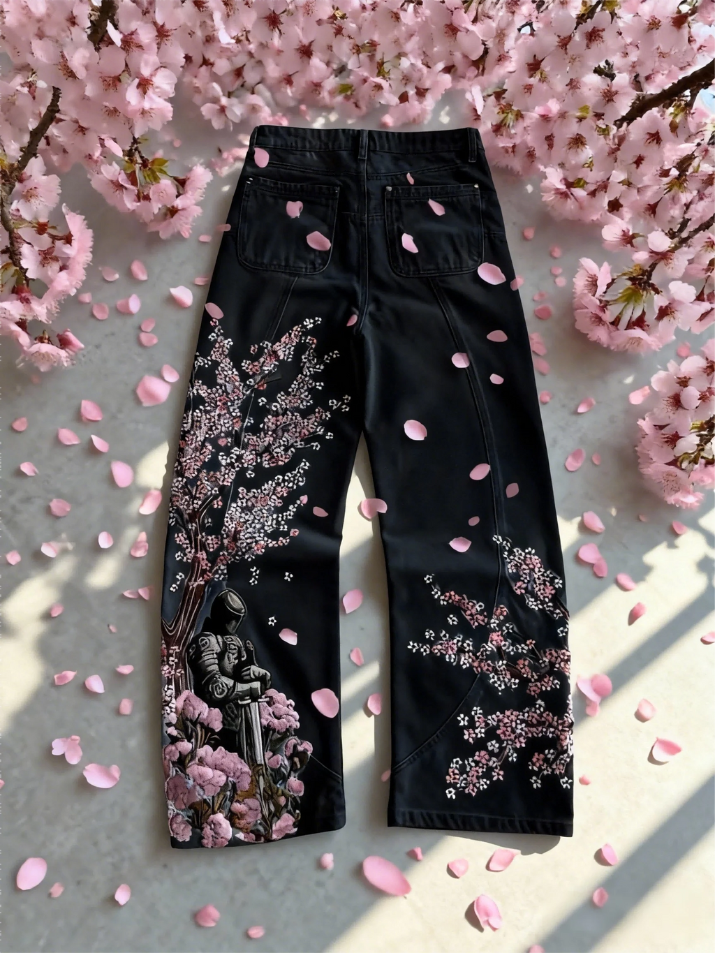 Y2k Vintage Baggy Fallen Knight Cherry Blossom Embroidery Jeans Men Women Fashion Straight Wide-leg Denim Pants Streetwear Jean