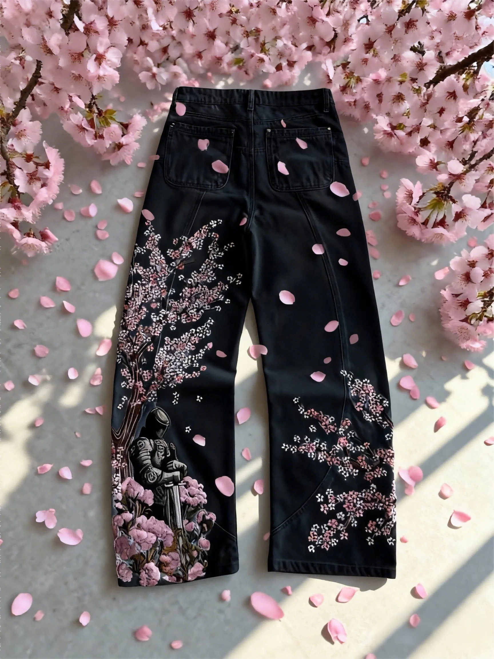 Y2k Vintage Baggy Fallen Knight Cherry Blossom Embroidery Jeans Men Women Fashion Straight Wide-leg Denim Pants Streetwear Jean