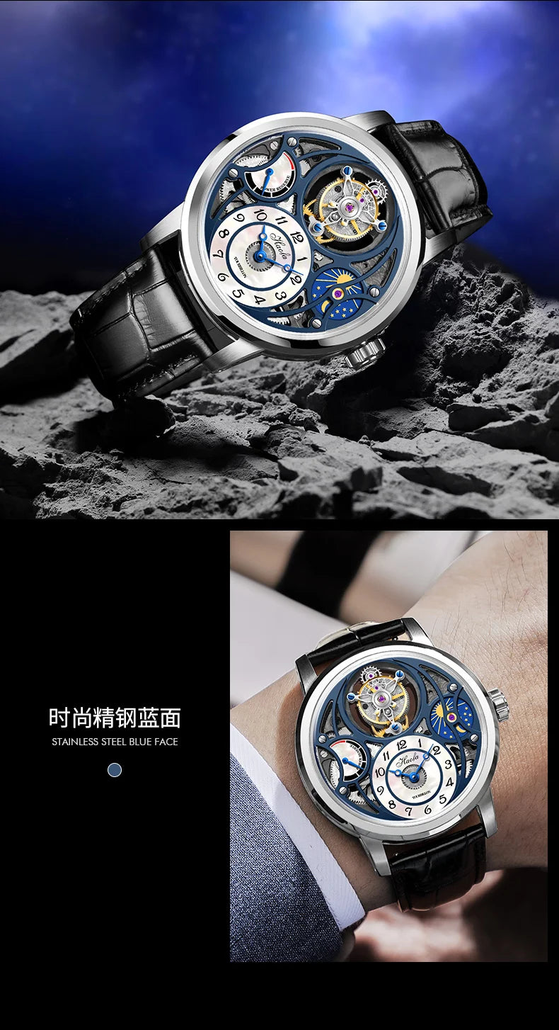Haofa Manual Tourbillon Watch for Men Moonphase Energy Display Dial Skeleton Movement Sapphire Mechanical Wristwatches 1939