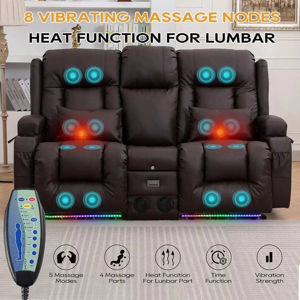 2-Seater Brown Home Theater Recliner Sofa with LED Lights, AC/USB Ports, Cup Holders, Electric Controls, Bluetooth Speaker, Mass