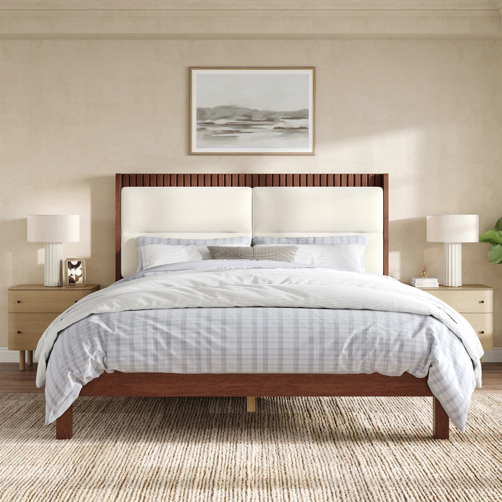 Solid Wood Queen Size Platform Bed Frame with Beige Velvet Upholstered Headboard, Espresso, No Box Spring Needed