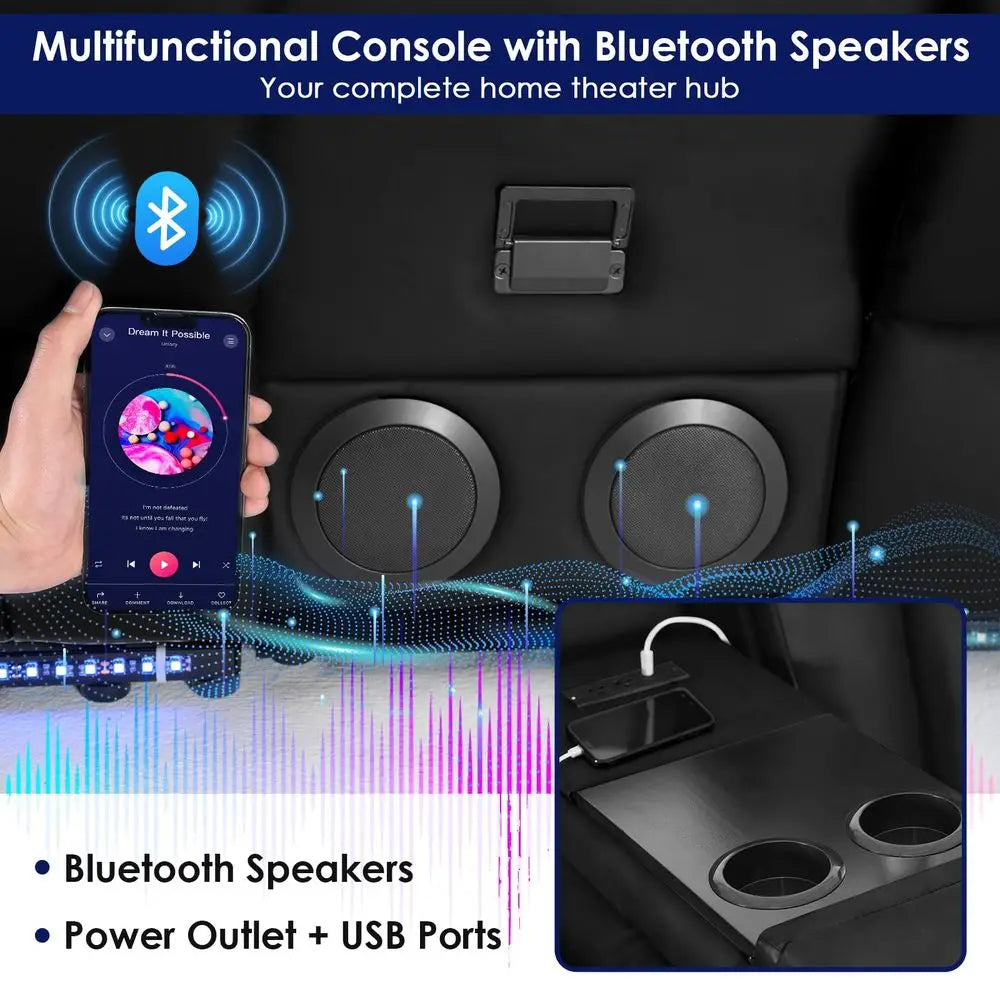 Power Loveseat Recliner Sofa with Console, PU Leather Dual Reclining Couch with Blue LED Lights, Bluetooth Speakers, USB Ports,
