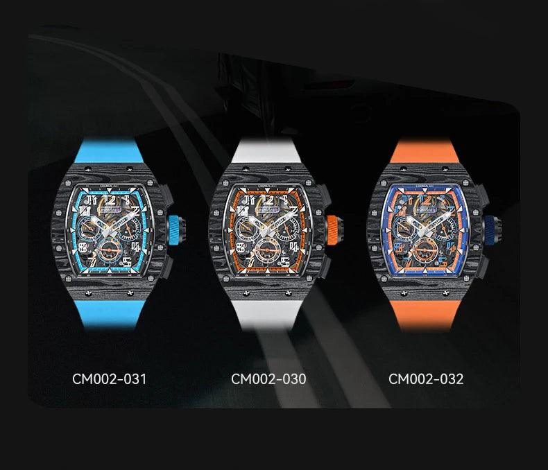 CRONUSART Men Automatic Watch 50MM Chronograph Tonneau Mechanical Wristwatch Sport Carbon Fibre Case Luminous Fluororubber Strap