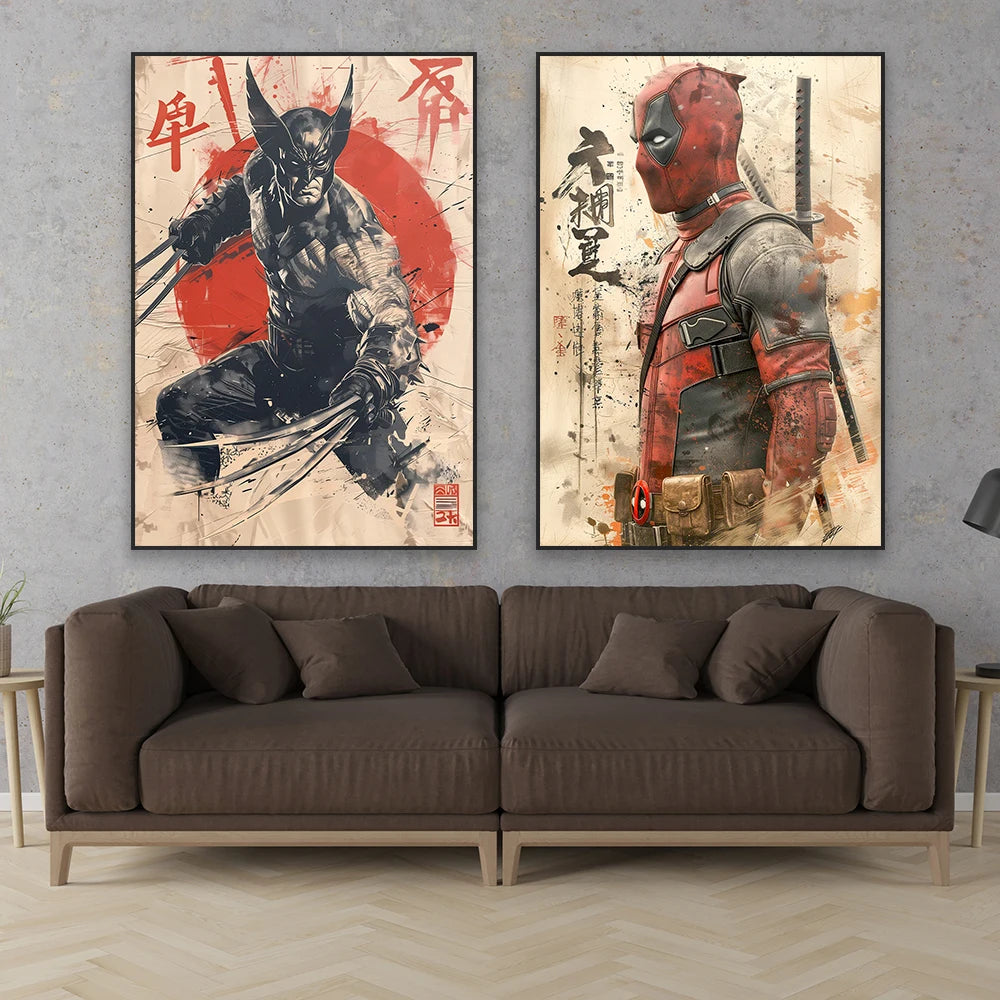 Deadpool Wolverine Art Poster Superhero Hulk Classical Japanese Style Prints Iron Man Spider Man Canvas Painting Decor
