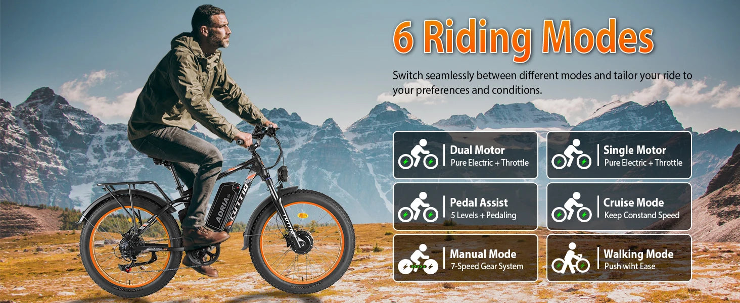 26 Dual Motor Electric Bike for Adults, 5000W Peak 210NM 40-46MPH Fast E-Bike, 52V 25AH Motorcycle, 32-90 Miles, 26