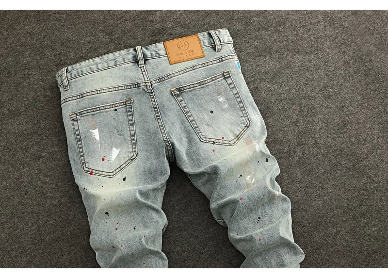 High Street Fashion Men Jeans Retro Washed Blue Stretch Slim Fit Ripped Jeans Men Painted Designer Vintage Denim Pencil Pants