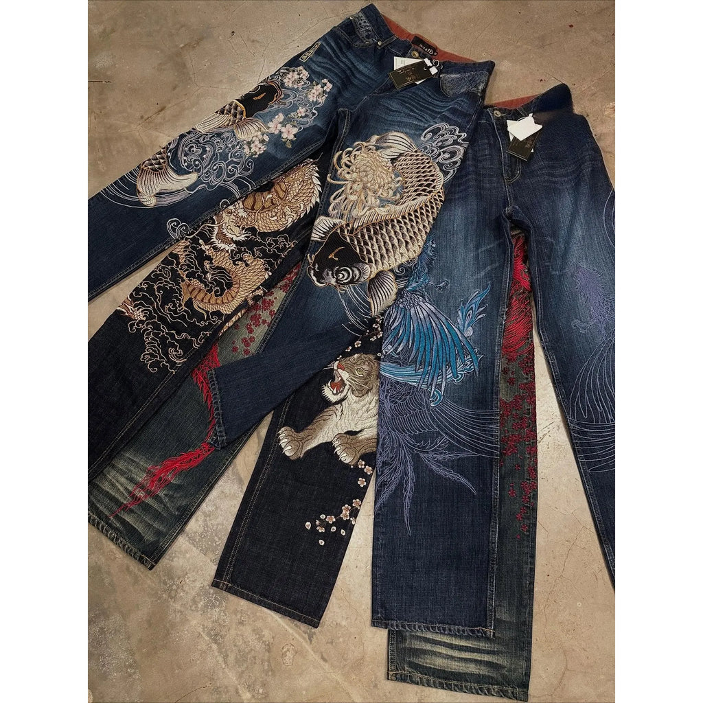 Harajuku Japanese Jeans Mens New Dragon High Quality Jeans Gothic Vintage Hip Hop Streetwear Denim Fabric Wide Leg pants