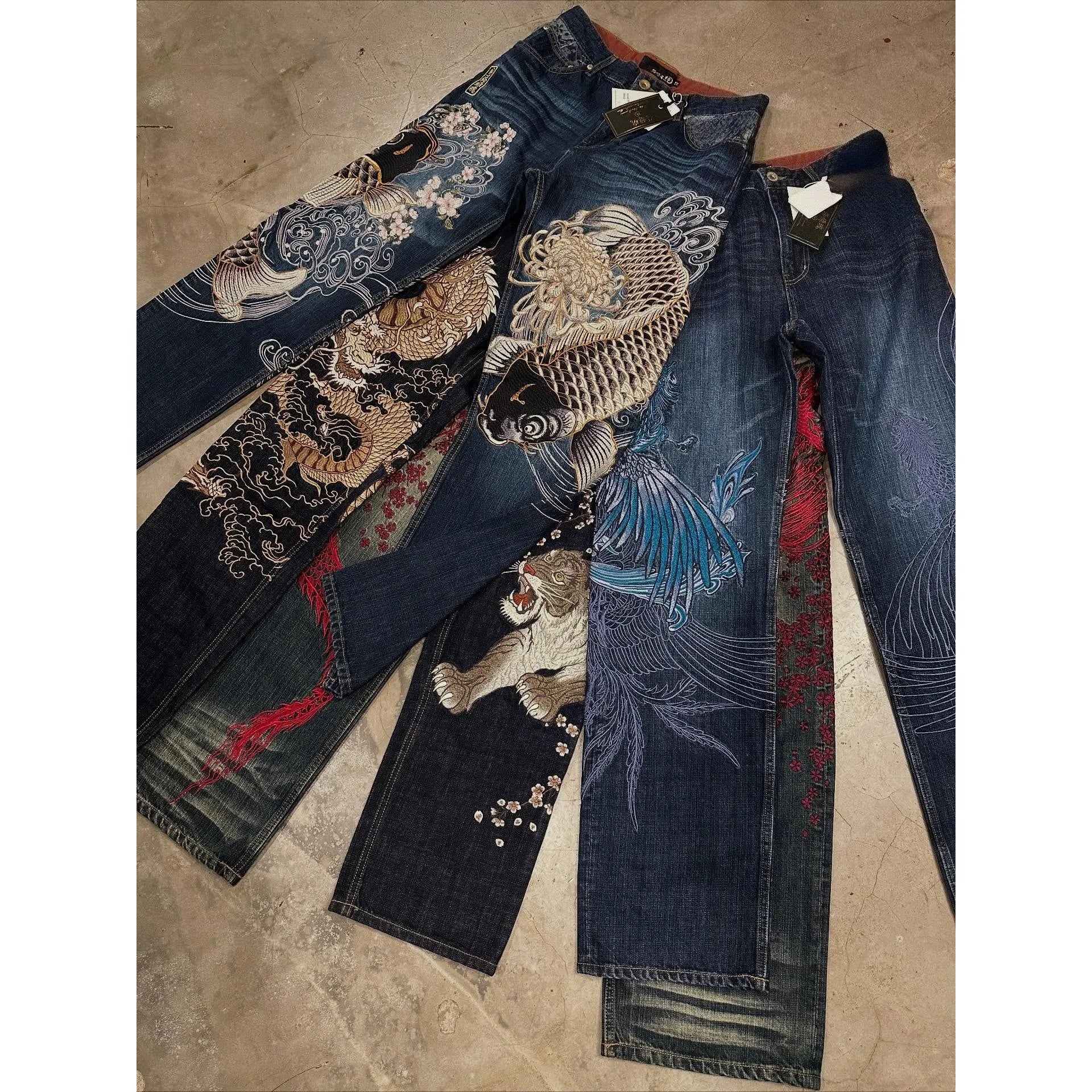Harajuku Japanese Jeans Mens New Dragon High Quality Jeans Gothic Vintage Hip Hop Streetwear Denim Fabric Wide Leg pants