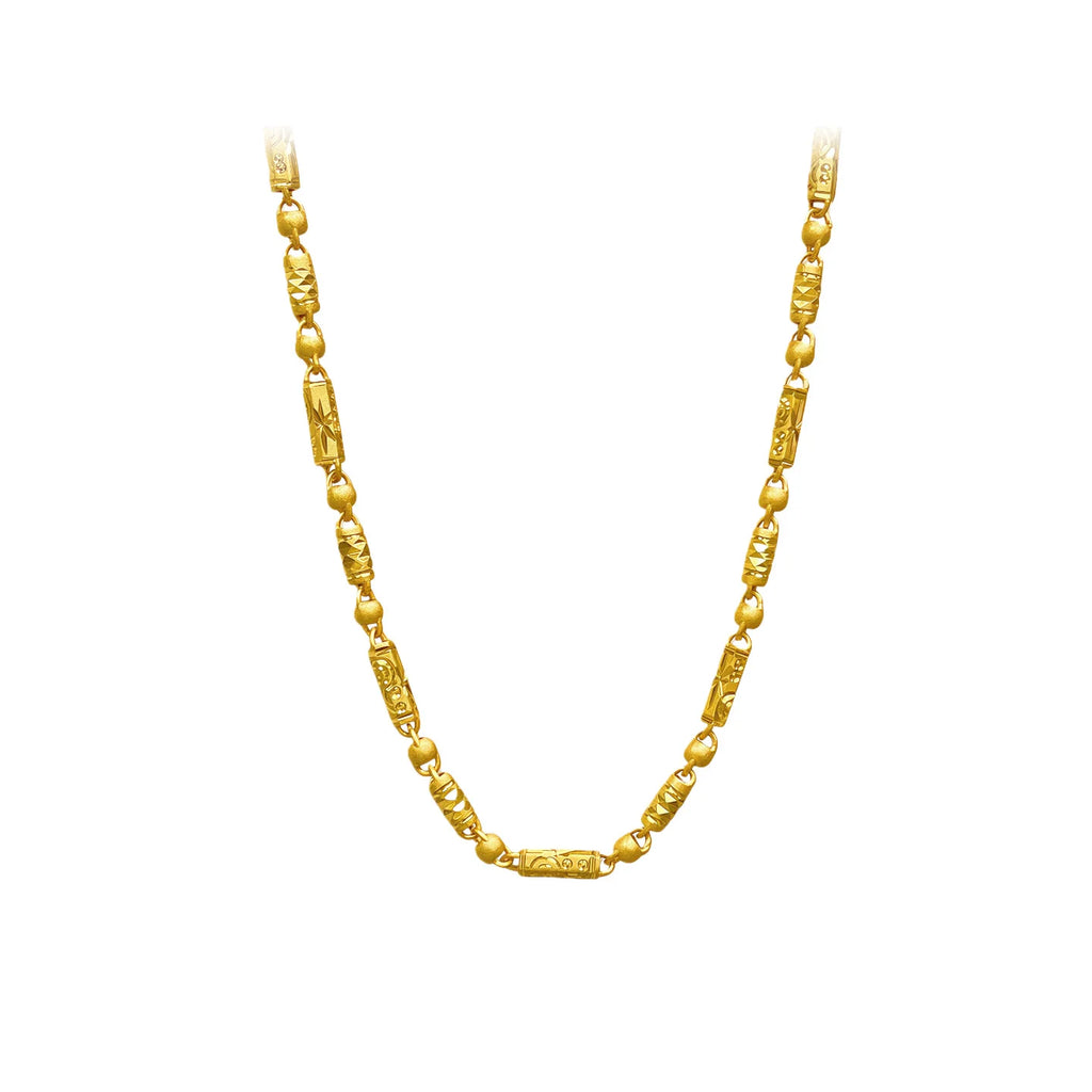 Gold store 9999 24K real gold Chinese style carving olive bamboo necklace hexagonal beads cylindrical chain men's jewelry