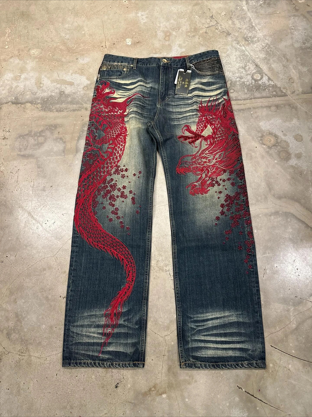 Harajuku Japanese Jeans Mens New Dragon High Quality Jeans Gothic Vintage Hip Hop Streetwear Denim Fabric Wide Leg pants