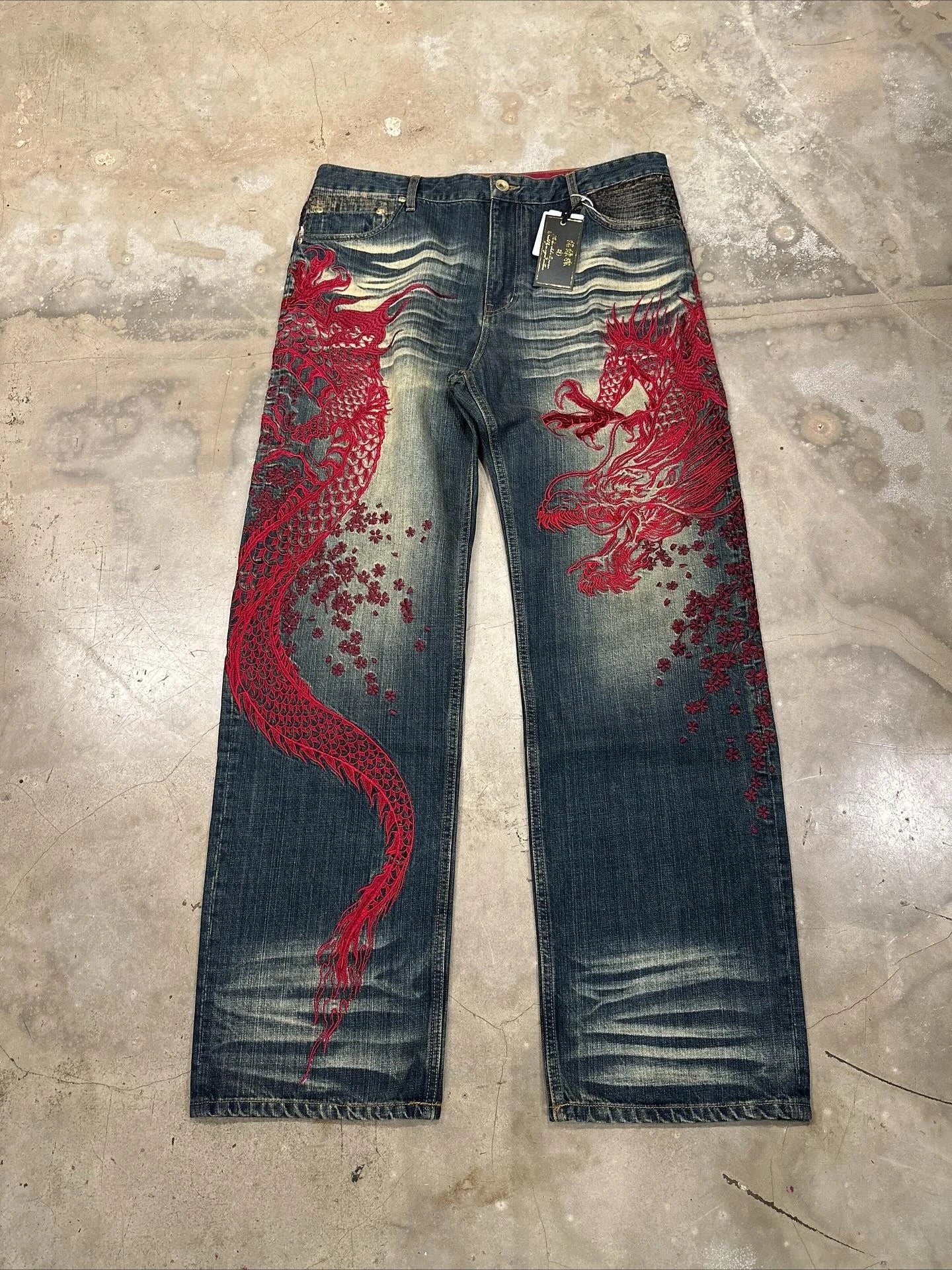 Harajuku Japanese Jeans Mens New Dragon High Quality Jeans Gothic Vintage Hip Hop Streetwear Denim Fabric Wide Leg pants