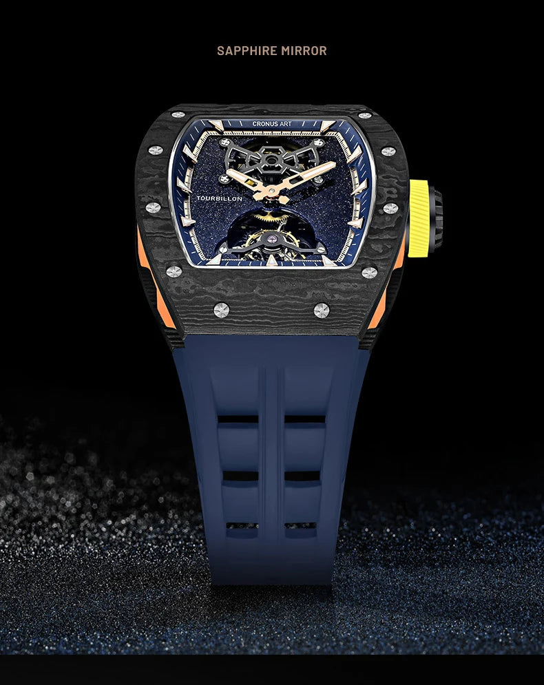 CRONUSART Men Tourbillon Watch 50mm Tonneau Mechanical Wristwatch Carbon Fiber Case & Dial Luminous Sapphire Mirror