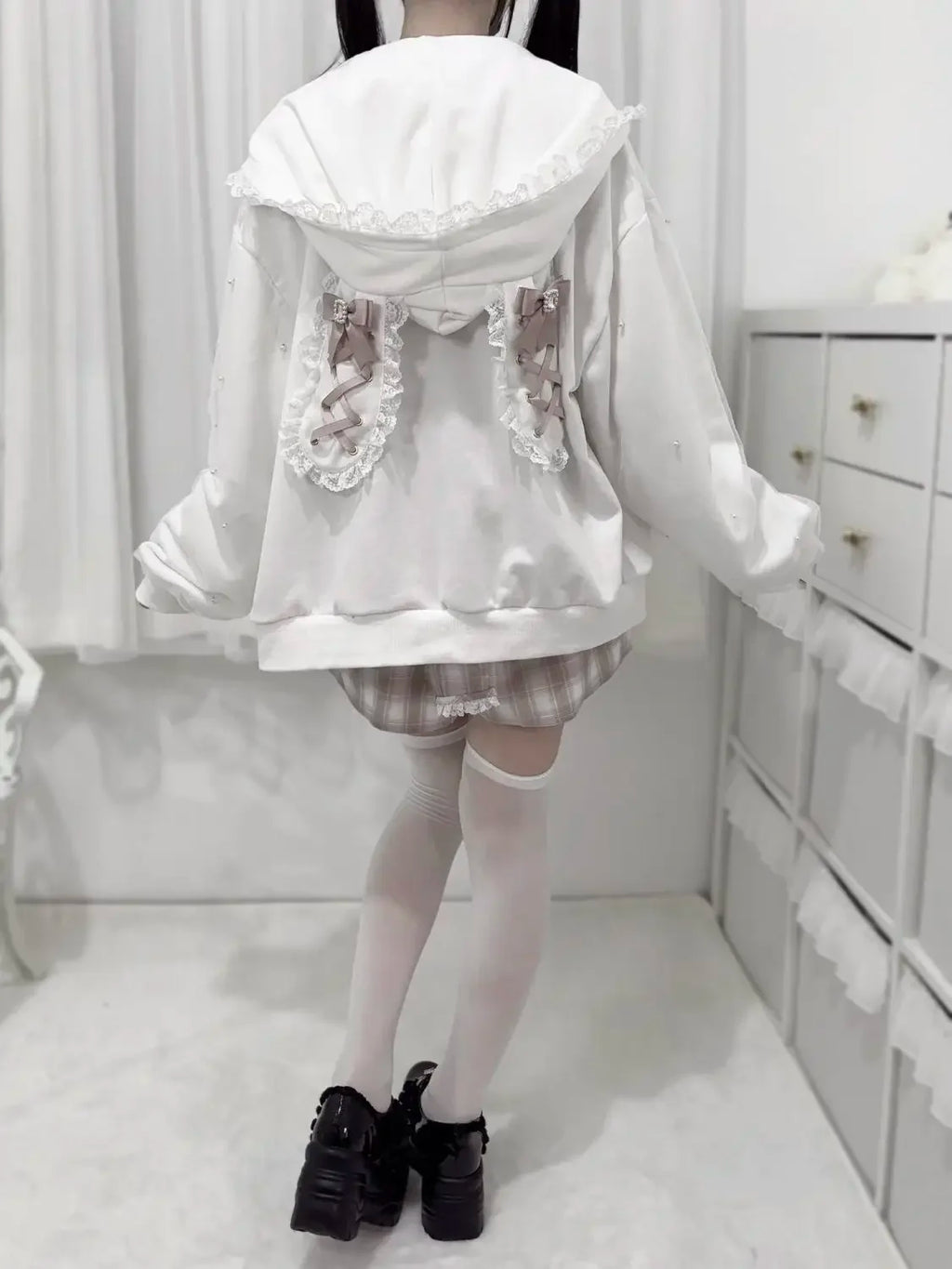 Japanese Pearl Gauze Patchwork Coats Women Y2k Aesthetic Lace Rabbit's Ears Jackets Casual Oversized Harajuku Kawaii Hoodies Top