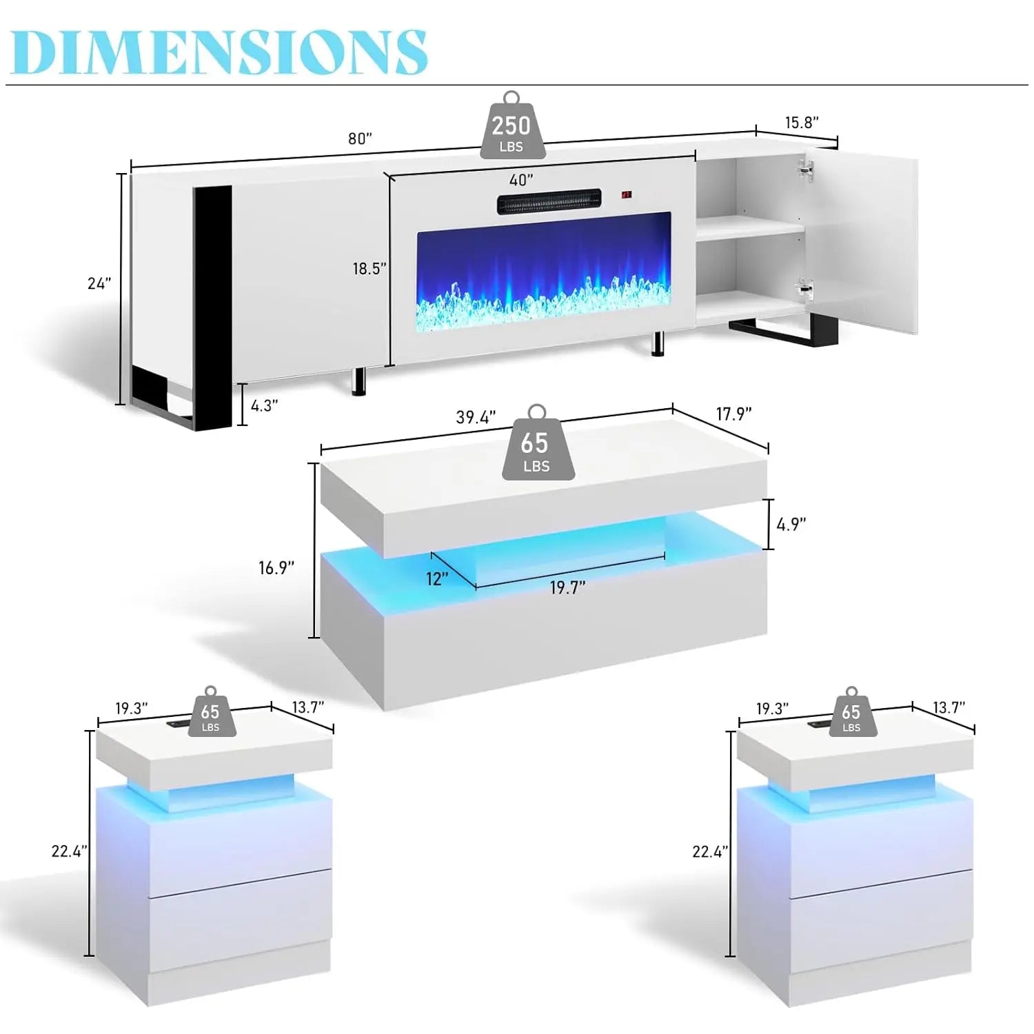 80" Fireplace TV Stand High Gloss 4-Piece Living Room Table Set LED Coffee End Table White Customized