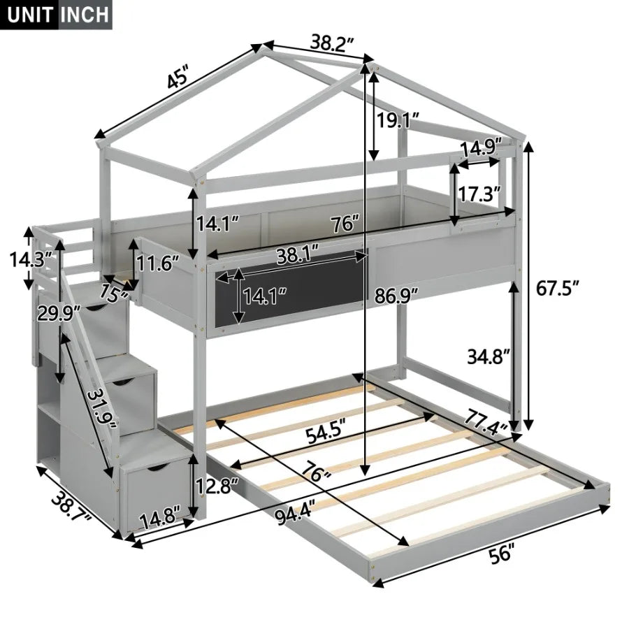 Twin over Full House Bunk Bed with Storage Staircase and Blackboard Gray Old SKU: GX001701AAE