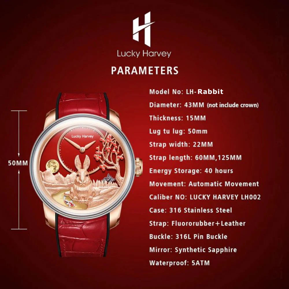 Lucky Harvey Limited Edition Automatic Mechanical Watches for Men Cute 3D Rabbit Dial Synthetic Sapphire Waterproof Wrist Watch