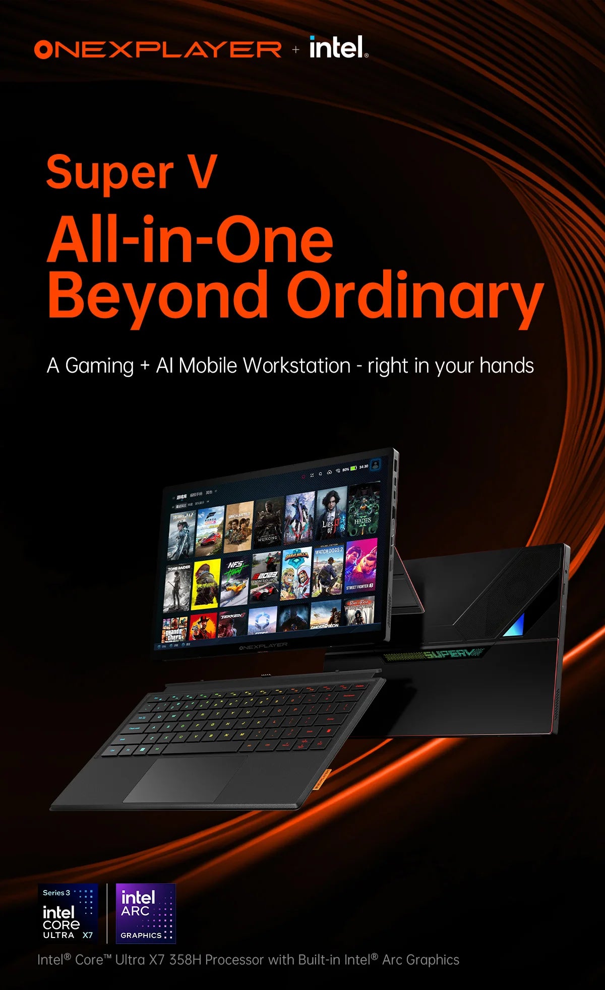 OneXPlayer Super V Intel Core Ultra X7 358H Processor 14” 2.8K AMOLED Tablet Gaming Al Mobile Workstation Laptop Win11 PC 48G 1T