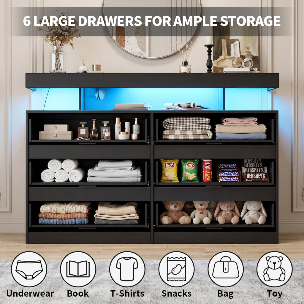 6-Drawer Dresser with Power Outlet with LED Light, Modern Chest of Drawers for Closet, Drawer Organizer Cabinet for Bedroom