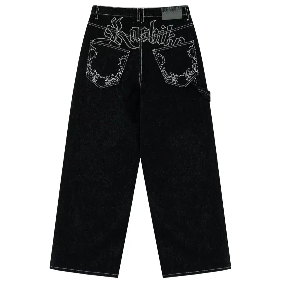 American Retro Hip-Hop Cherry Blossom Dragon Embroidery Baggy Jeans For Men and Women Y2K New Gothic Hip-Hop Casual Street Wear