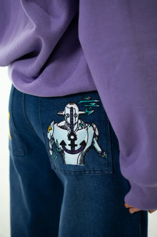 Women's Blue High Waisted Anime Embroidered Washed Jeans, Wide Leg Denim Pants, Street Wear Y2K Loose Pants
