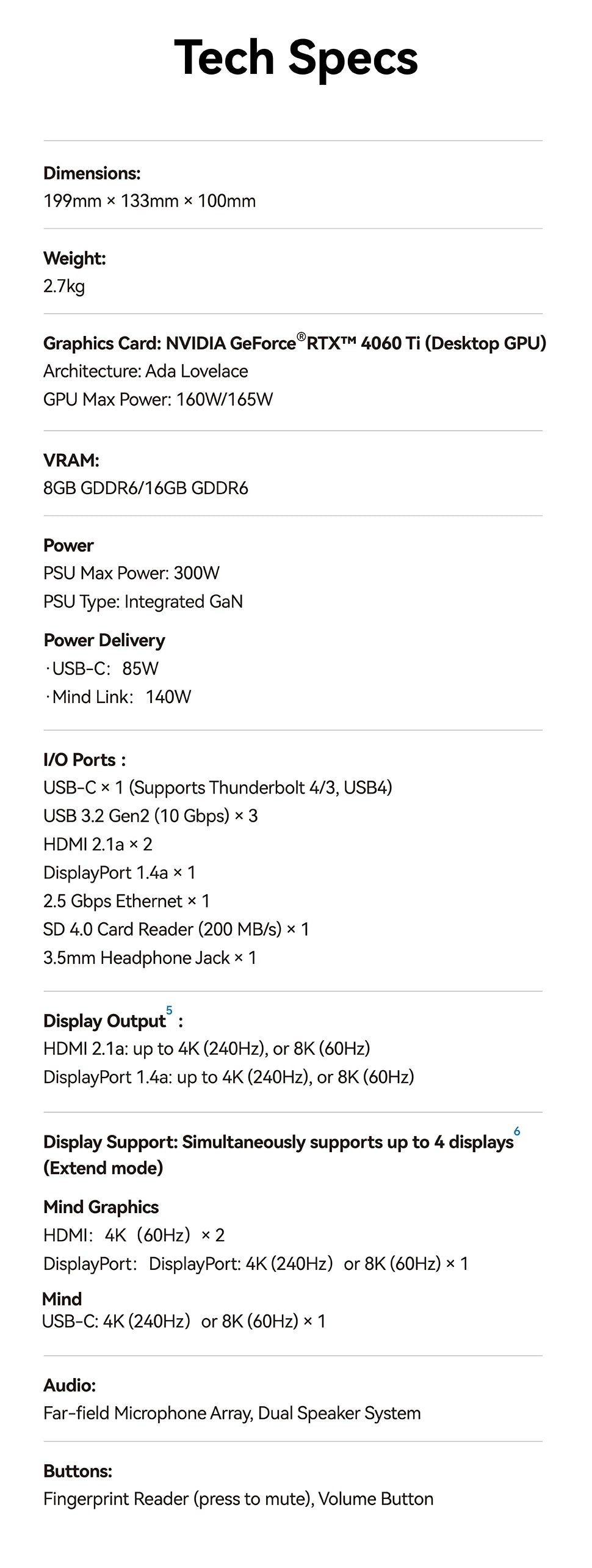 NVIDIA Geforce RTX 4060 Ti 16GB GDDR6 160W EGPU Graphics Card Expansion Dock with Thunderbolt Bolt 4/HDMI 2.1a/microphone
