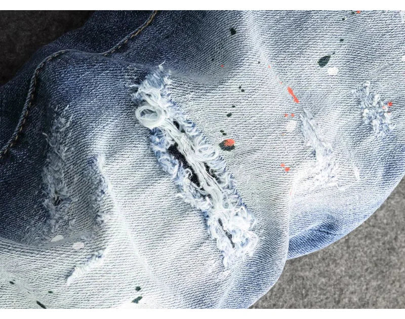 Fashionable new jeans washed with nostalgia, stretchy, slim fit, light blue, men's ripped patch jeans, high street hip-hop pants