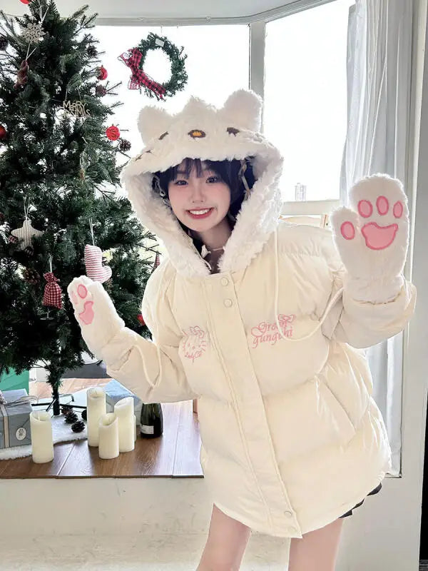 Kawaii Hello Kitty Women Beige 2025 Winter Warm Thick Jacket Paw Gloves Design Casual Y2K Aesthetic Fashion Outerwear Loose