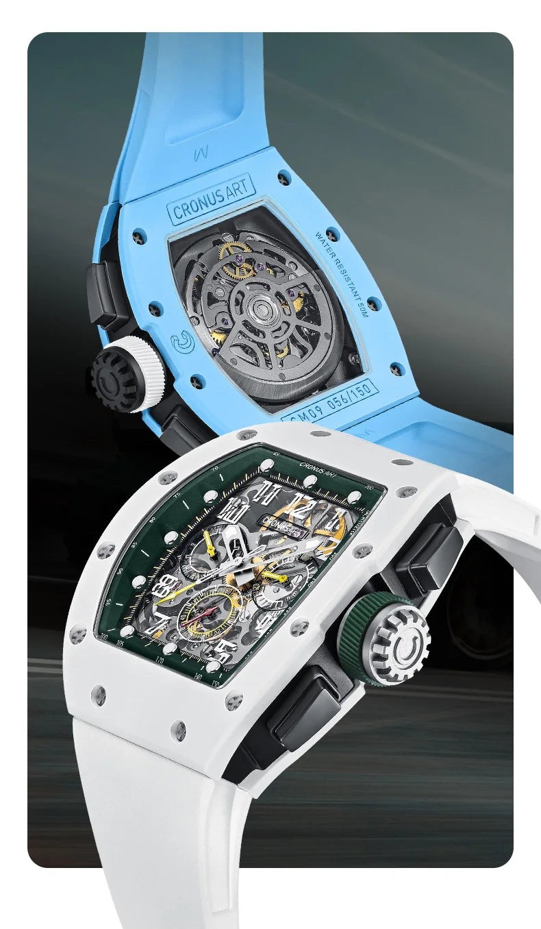 CRONUSART Men Chronograph Watch Tonneau Carbon Steel Case 50mm*42mm Automatic Mechanical Wristwatch Luminous Fluororubber Strap