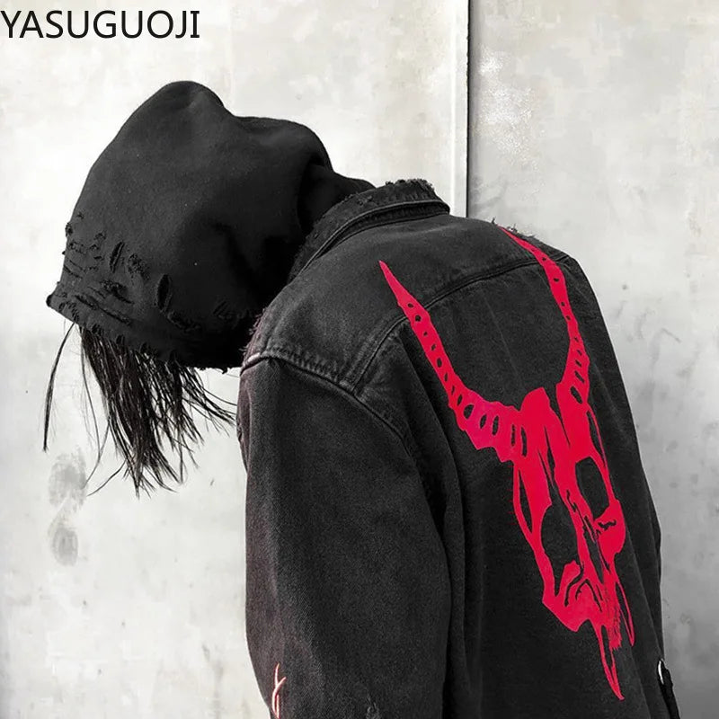 Gothic Demon Hunter Skull Black Denim Jacket Men Rock Punk Heavy Metal Sweatshirt Sudadera Hole Streetwear Mens Jean Jacket