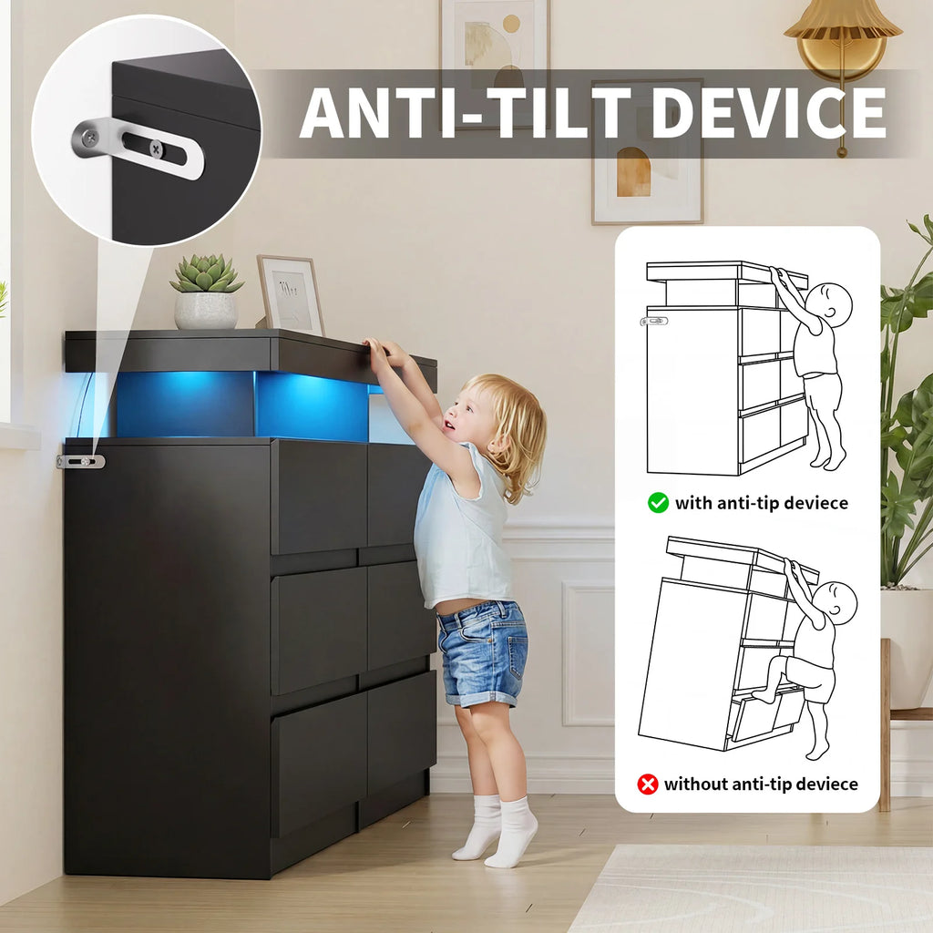 6-Drawer Dresser with Power Outlet with LED Light, Modern Chest of Drawers for Closet, Drawer Organizer Cabinet for Bedroom