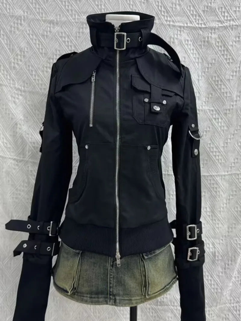 Retro Gothic Style Jackets for Women Japanese Cool Black Stand Up Collar Motorcycle Jackets 2025 Autumn New Harajuku Clothes