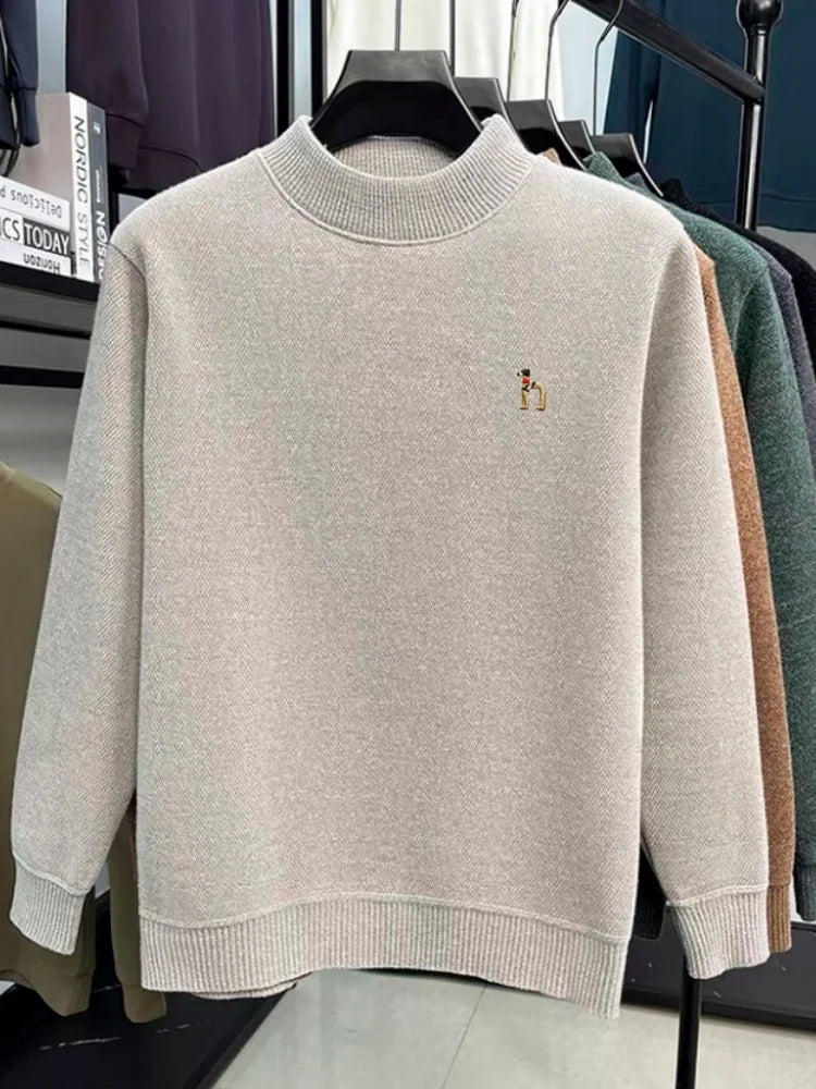 High quality warm plush knitted men pullover luxury brand comfort round neck Korean style fashion cartoon dog embroidery sweater