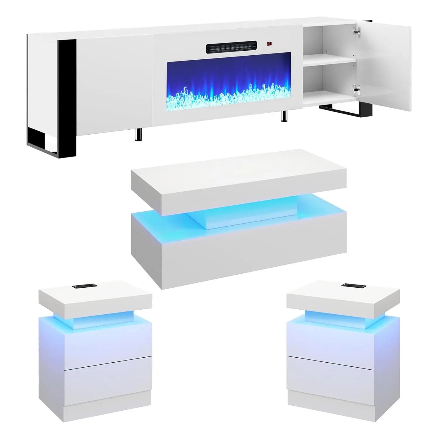 80" Fireplace TV Stand High Gloss 4-Piece Living Room Table Set LED Coffee End Table White Customized
