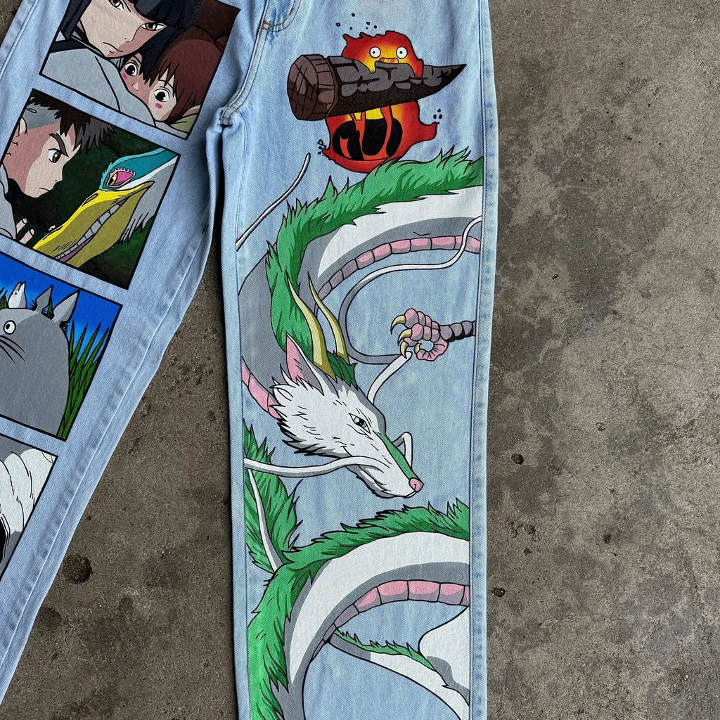 Y2K Japanese Cartoon Printed Classic Men And Women New Trend Blue Denim Jeans Hip Hop Harajuku Fashion Loose Oversize Streetwear