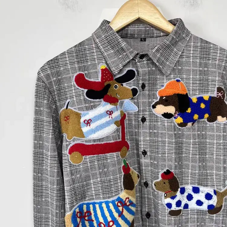 PFHQ Fashion Men's Shirt Cartoon Towel Embroidered Decoration Plaid Design Loose Personality Versatile Male Shirt Tide 21P2205