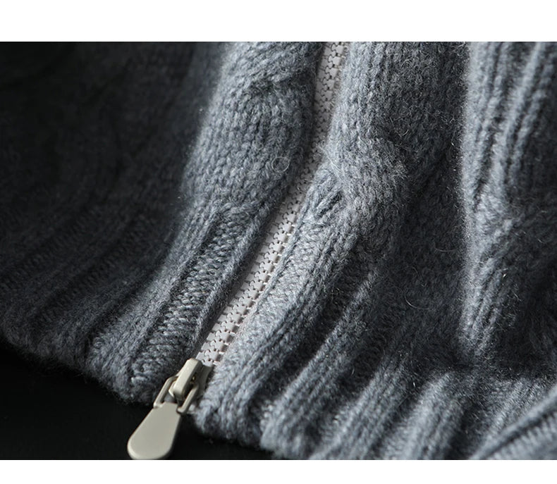Men's 100% Pure Cashmere Knitting High Neck Cardigan Zipper Thickened Coat Fashion Old Money Style Big Fried Dough Twist Design