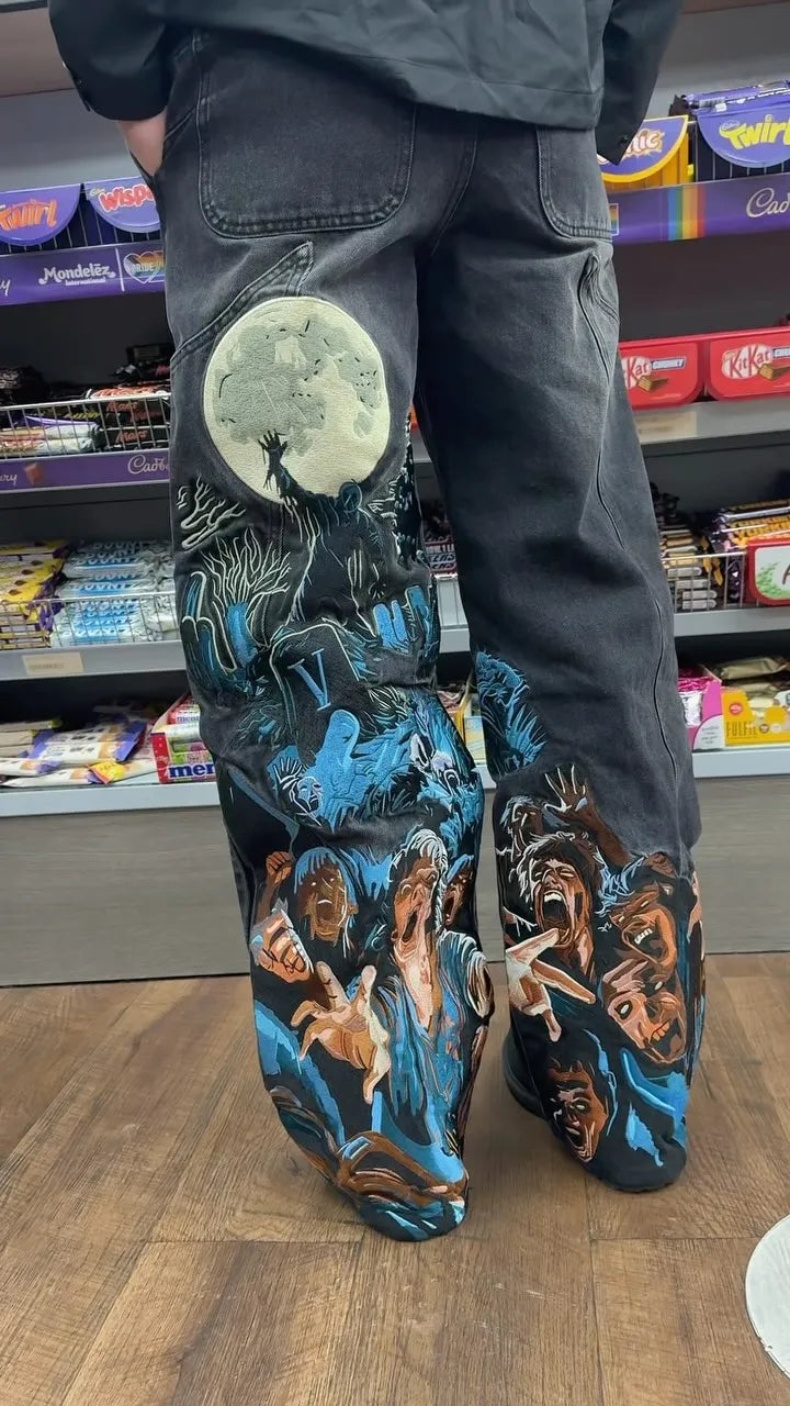 Thriller Zombie Full Embroidery Hip Hop Punk Jeans Men Women High Waist Straight Wide Leg Denim Pants Y2k Retro Baggy Jeans