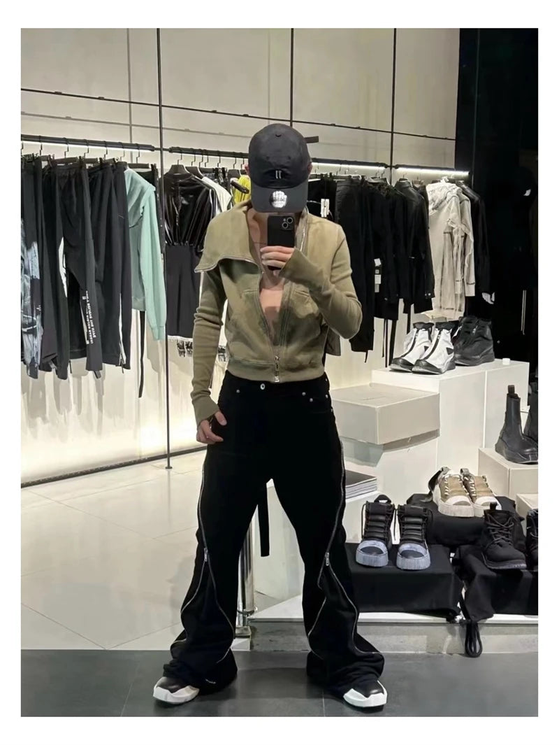 High Street RO Style Jeans Pants Men's Five Star Mang Ribbon Rotating Large Zipper Floor Pulling Horn Denim Streetwear Pants