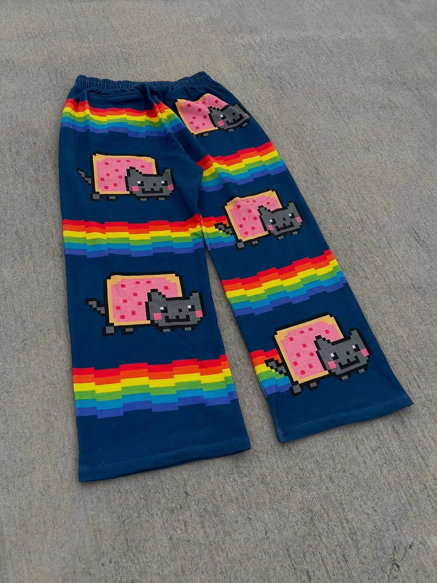 Rainbow Nyan Cat Pattern Y2K Loose and Versatile Wide Leg Pants American Street Dance Harajuku Style Elastic Men Jogging Pants