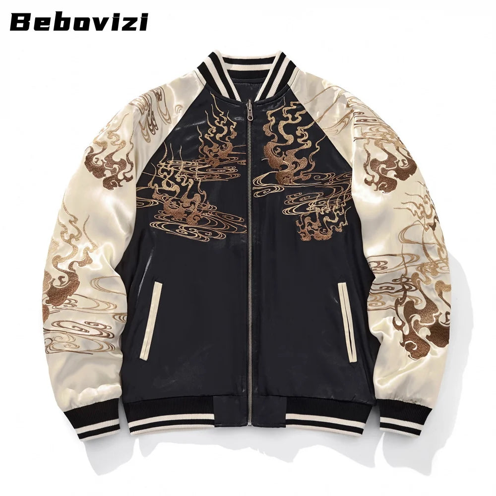 High Quality Fashion Anime Fox Embroidered Zipper Jacket Autumn Streetwear Hip Hop Men's Harajuku Japanese Baseball Coat