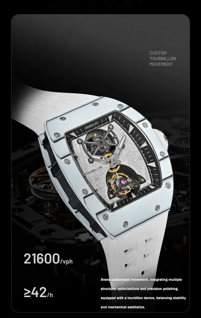 CRONUSART Men Tourbillon Watch 50mm Tonneau Mechanical Wristwatch Carbon Fiber Case & Dial Luminous Sapphire Mirror