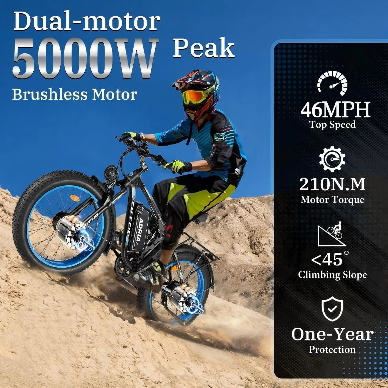 26 Dual Motor Electric Bike for Adults, 5000W Peak 210NM 40-46MPH Fast E-Bike, 52V 25AH Motorcycle, 32-90 Miles, 26