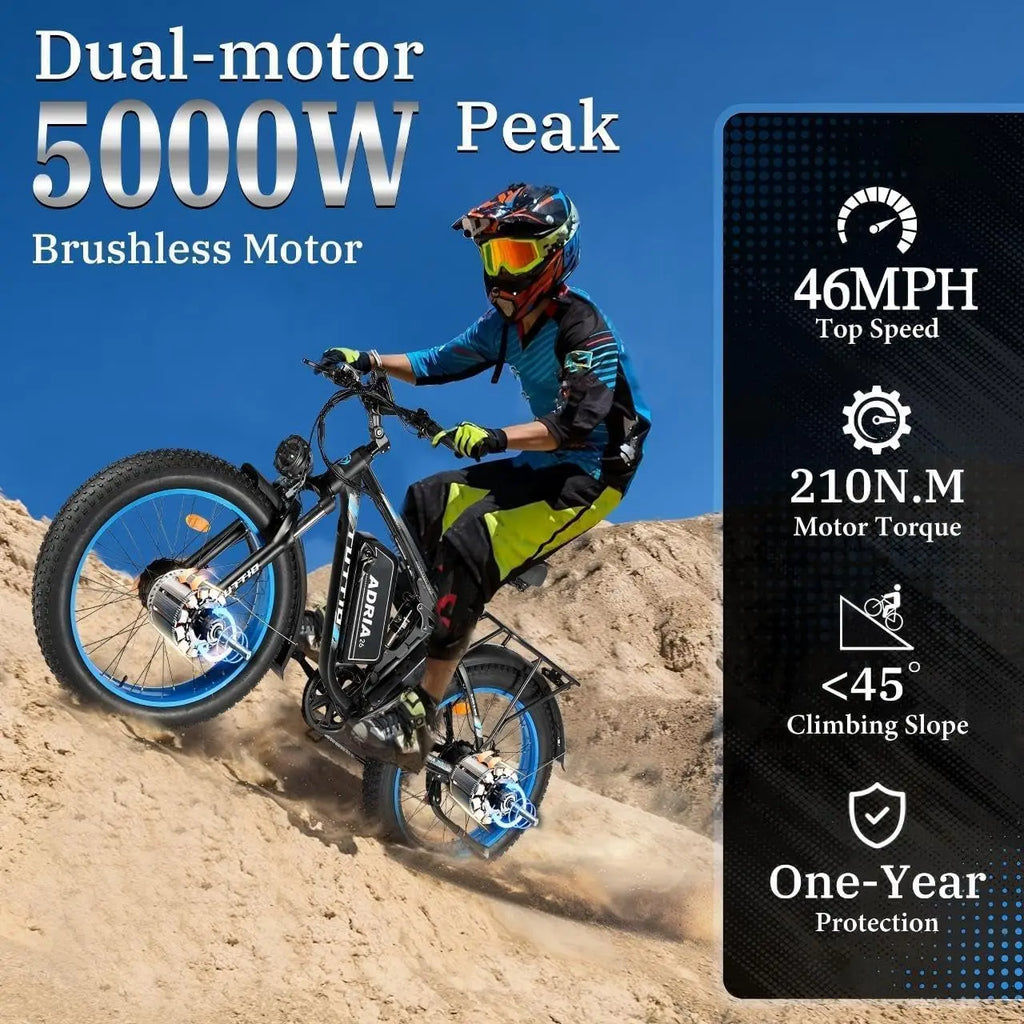 26 Dual Motor Electric Bike for Adults, 5000W Peak 210NM 40-46MPH Fast E-Bike, 52V 25AH Motorcycle, 32-90 Miles, 26
