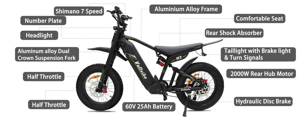 BAOLUJIE M2 Electric Bike Adults Mountain Bike 60V 25AH 20" Tires Ebike 2000W High-speed Motor Max Speed 45MPH【1 Year Warranty】