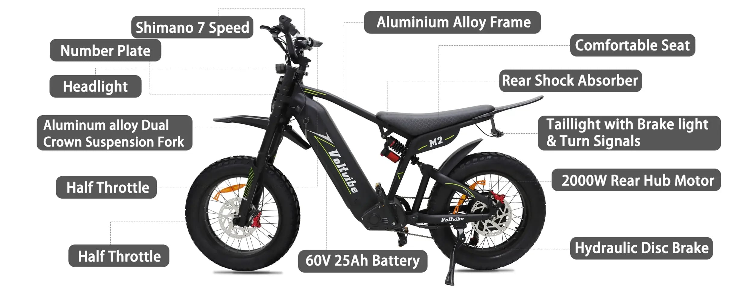 BAOLUJIE M2 Electric Bike Adults Mountain Bike 60V 25AH 20" Tires Ebike 2000W High-speed Motor Max Speed 45MPH【1 Year Warranty】