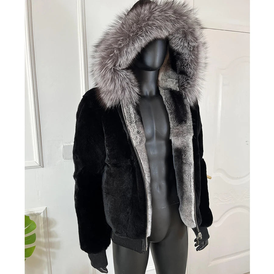 Men Rabbit Fur Coat Winter Short Real Rex Rabbit Fur Jacket With Hood Black Fur Coats Chinchilla Fur